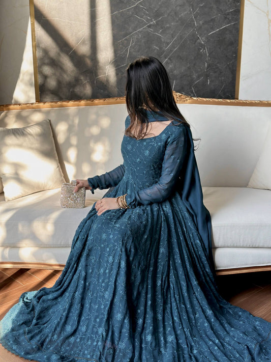 Serene Teal Blue Floral Embroidered Anarkali Gown with Dupatta