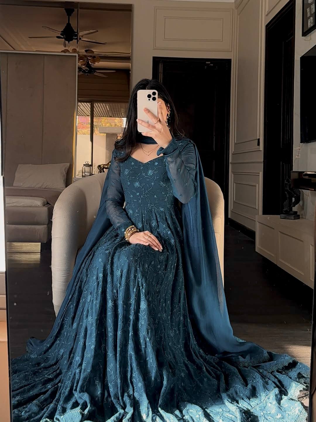 Serene Teal Blue Floral Embroidered Anarkali Gown with Dupatta