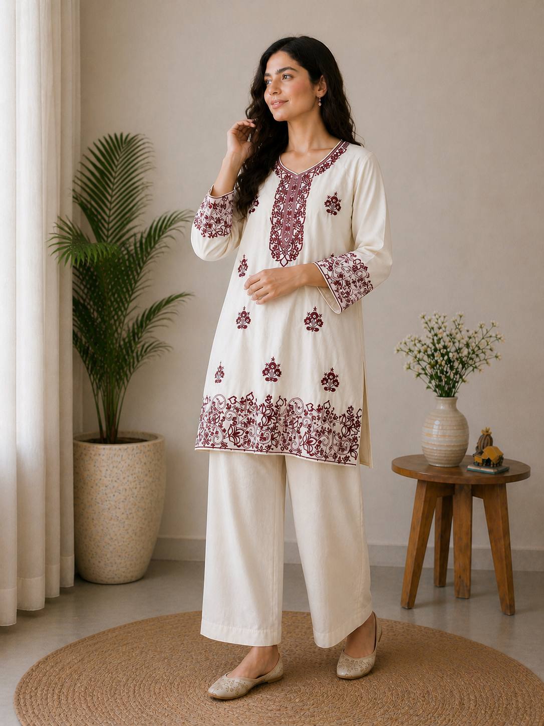 Elegant Off-White Embroidered Kurta and Wide-Leg CO-ord Set (Maroon Accent)