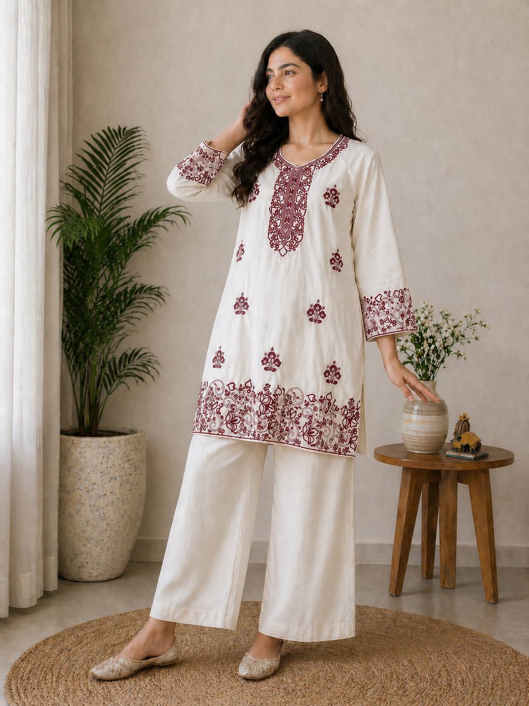 Elegant Off-White Embroidered Kurta and Wide-Leg CO-ord Set (Maroon Accent)