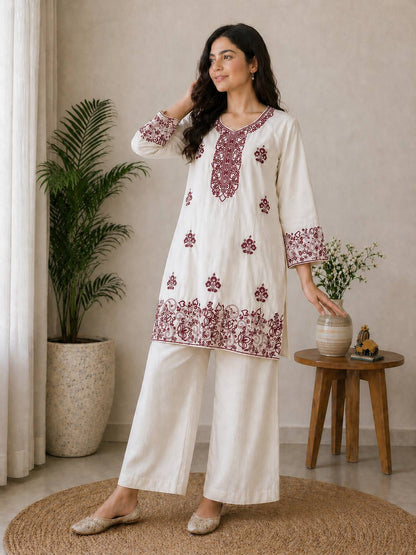 Elegant Off-White Embroidered Kurta and Wide-Leg CO-ord Set (Maroon Accent)