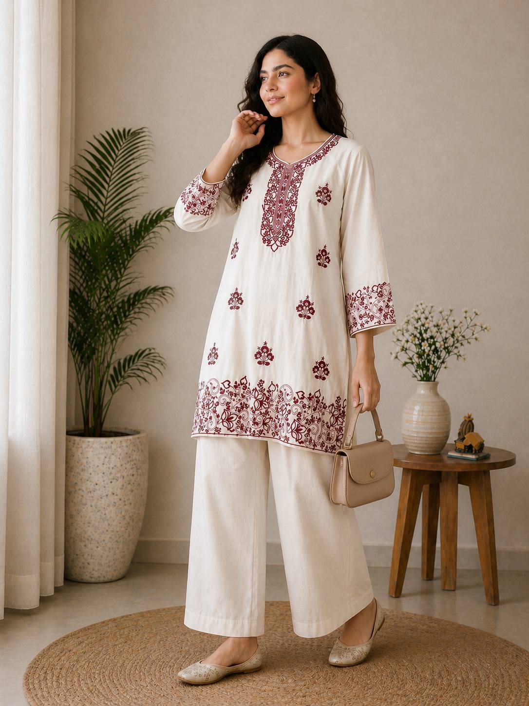 Elegant Off-White Embroidered Kurta and Wide-Leg CO-ord Set (Maroon Accent)