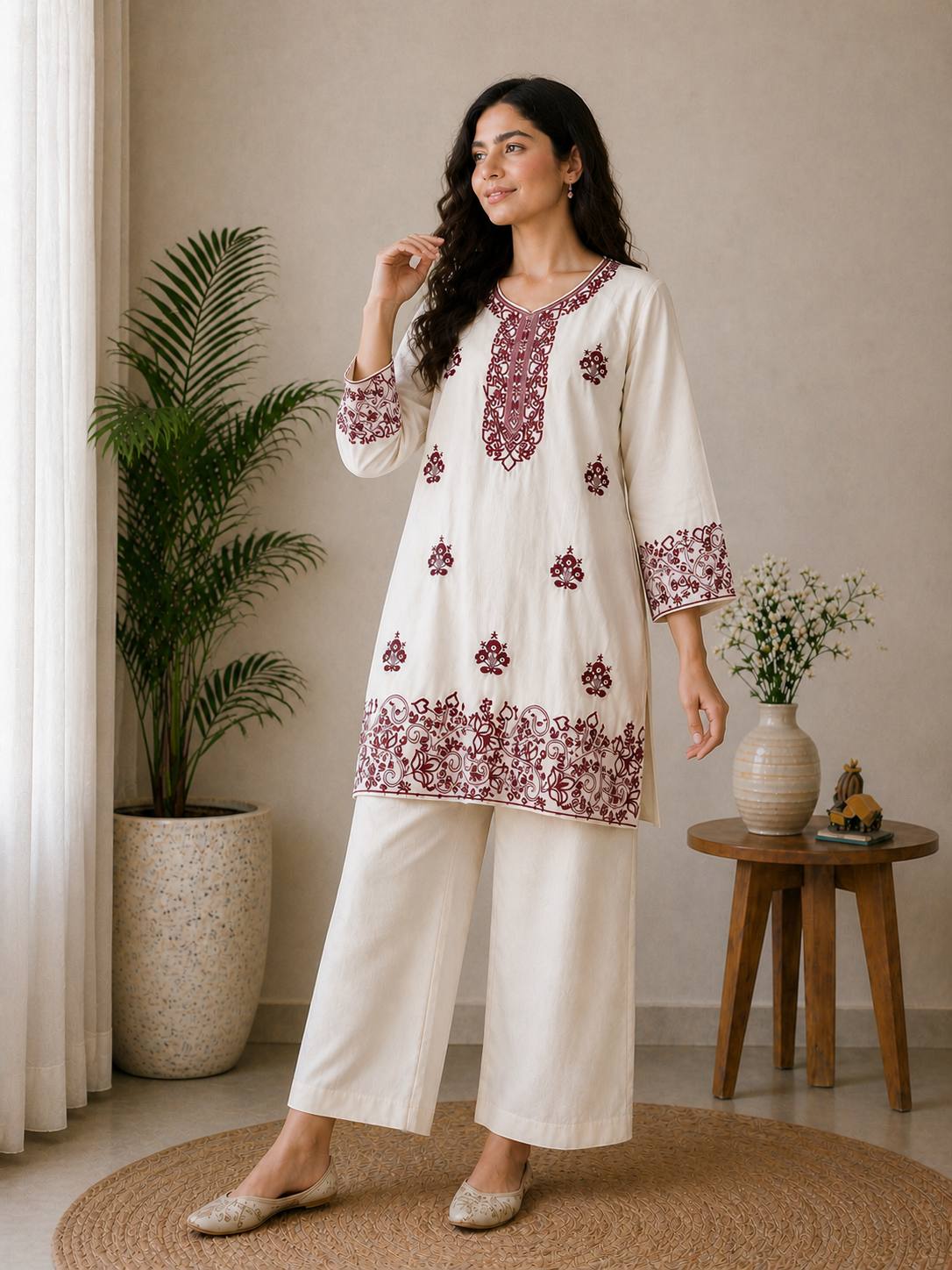 Elegant Off-White Embroidered Kurta and Wide-Leg CO-ord Set (Maroon Accent)