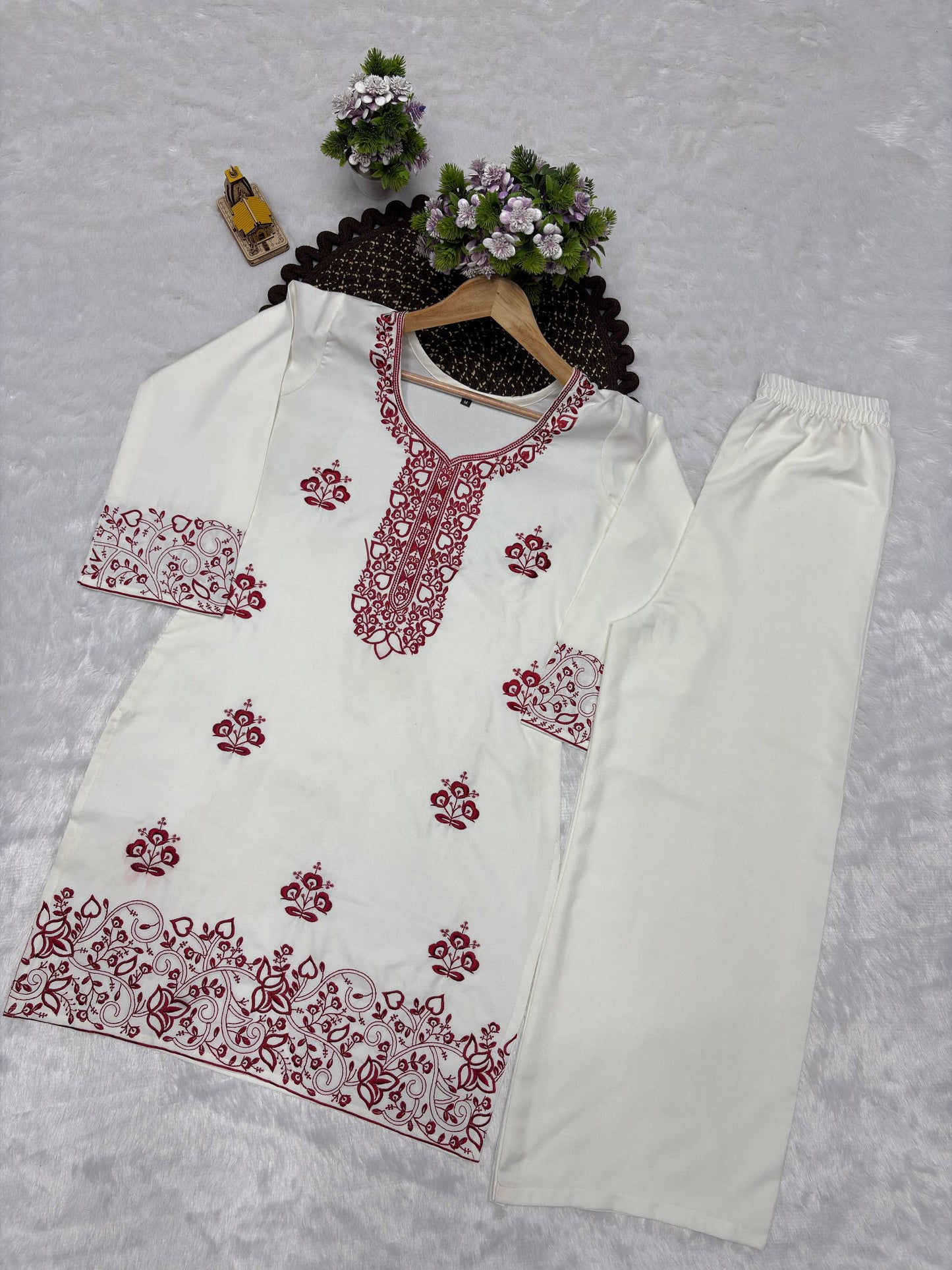 Elegant Off-White Embroidered Kurta and Wide-Leg CO-ord Set (Maroon Accent)