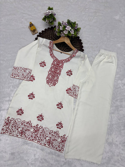 Elegant Off-White Embroidered Kurta and Wide-Leg CO-ord Set (Maroon Accent)