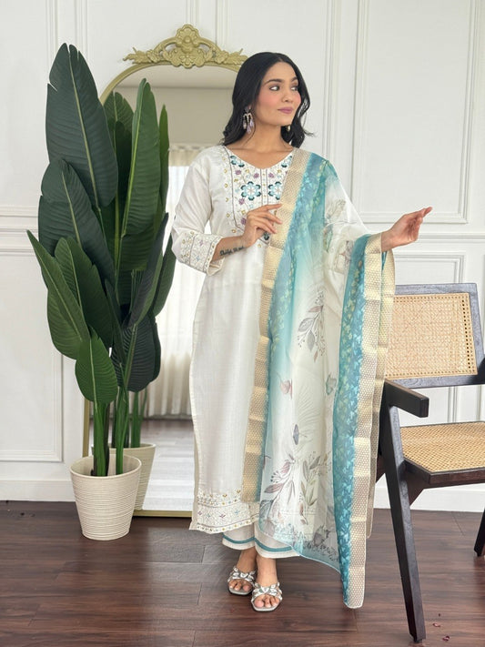 Elegant White Floral Embroidered Suit Set