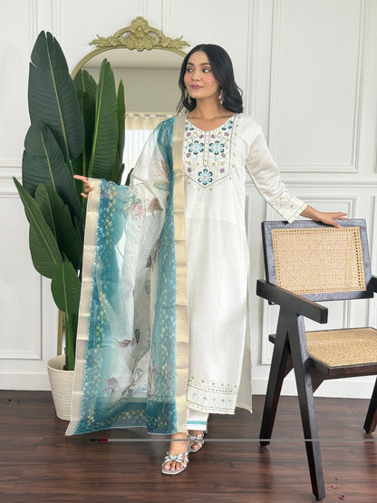 Elegant White Floral Embroidered Suit Set