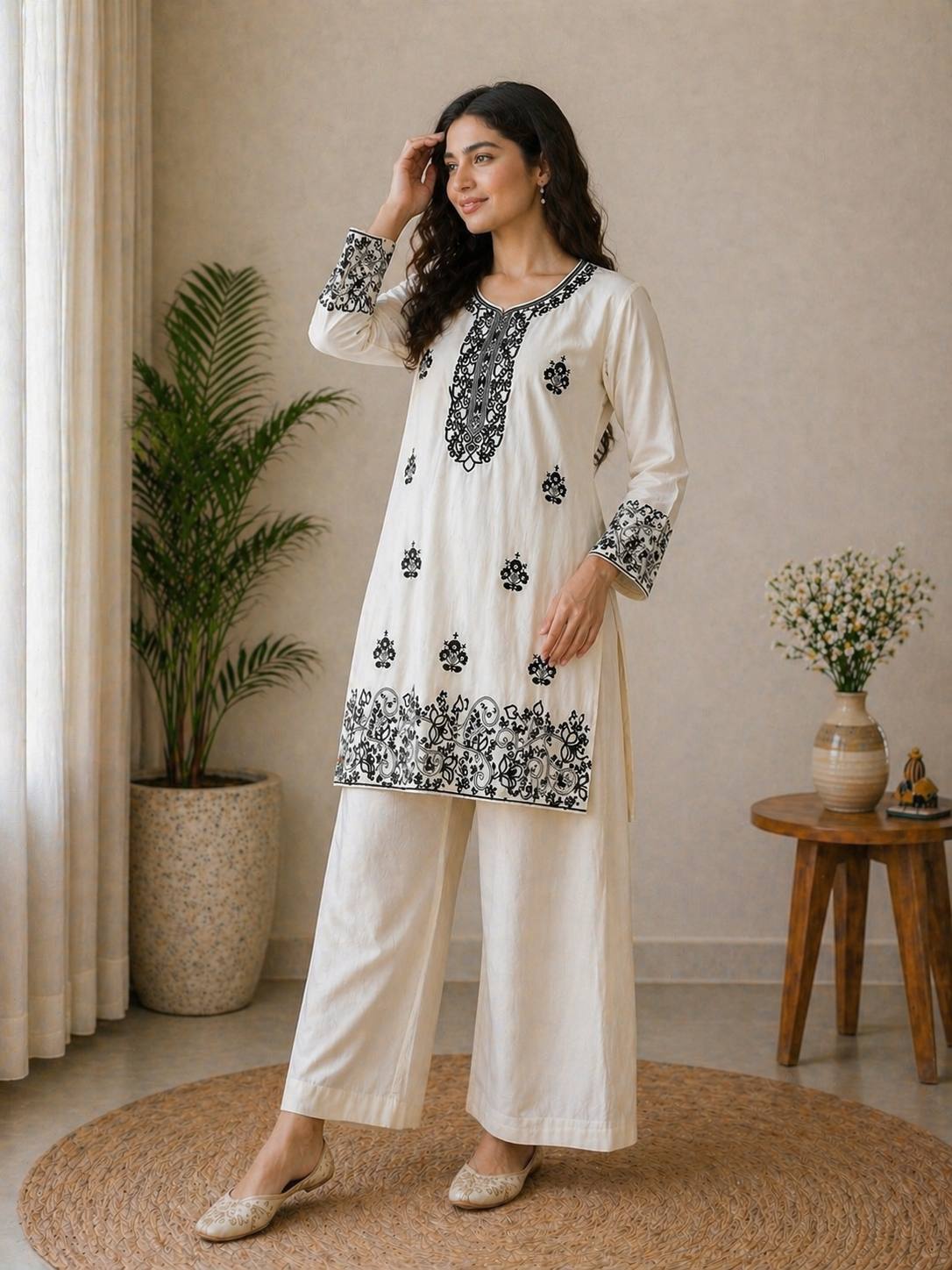 Elegant Off-White Embroidered Kurta and Wide-Leg Co-ord Set