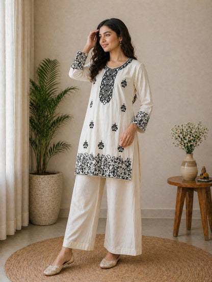 Elegant Off-White Embroidered Kurta and Wide-Leg Co-ord Set