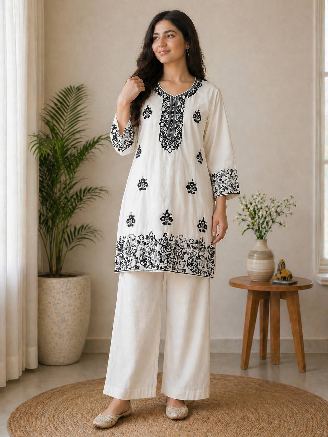 Elegant Off-White Embroidered Kurta and Wide-Leg Co-ord Set