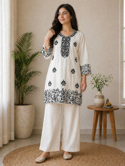 Elegant Off-White Embroidered Kurta and Wide-Leg Co-ord Set