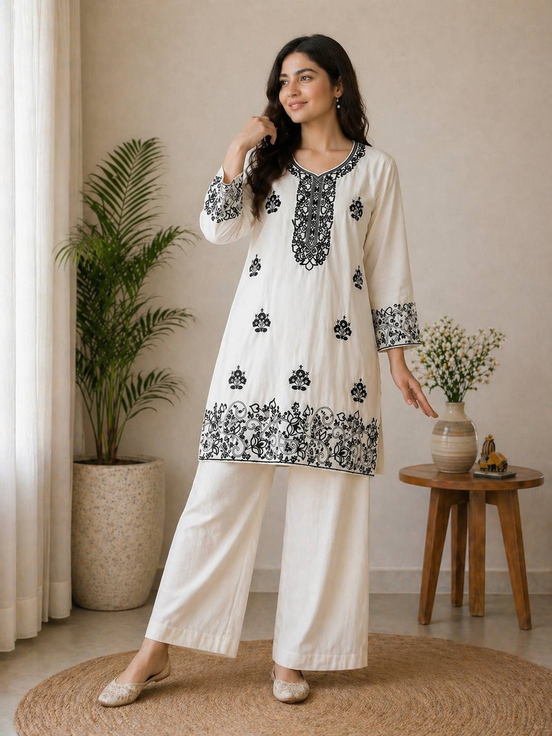 Elegant Off-White Embroidered Kurta and Wide-Leg Co-ord Set