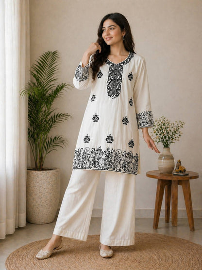 Elegant Off-White Embroidered Kurta and Wide-Leg Co-ord Set