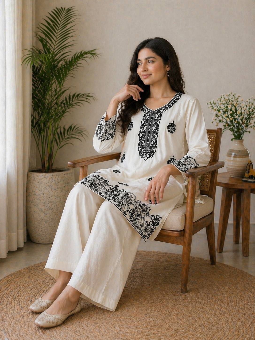 Elegant Off-White Embroidered Kurta and Wide-Leg Co-ord Set