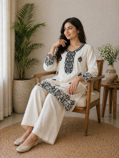 Elegant Off-White Embroidered Kurta and Wide-Leg Co-ord Set