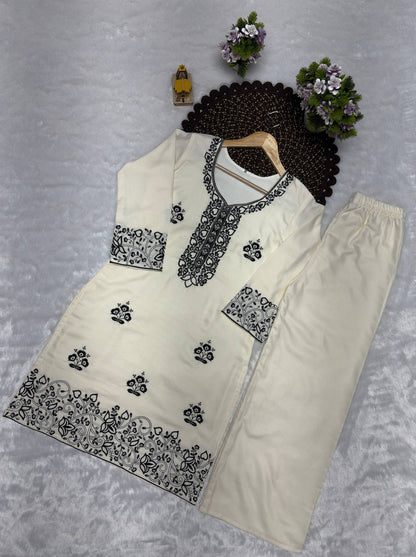Elegant Off-White Embroidered Kurta and Wide-Leg Co-ord Set