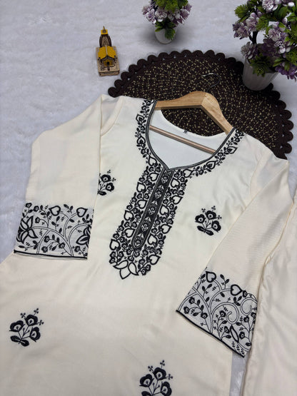 Elegant Off-White Embroidered Kurta and Wide-Leg Co-ord Set