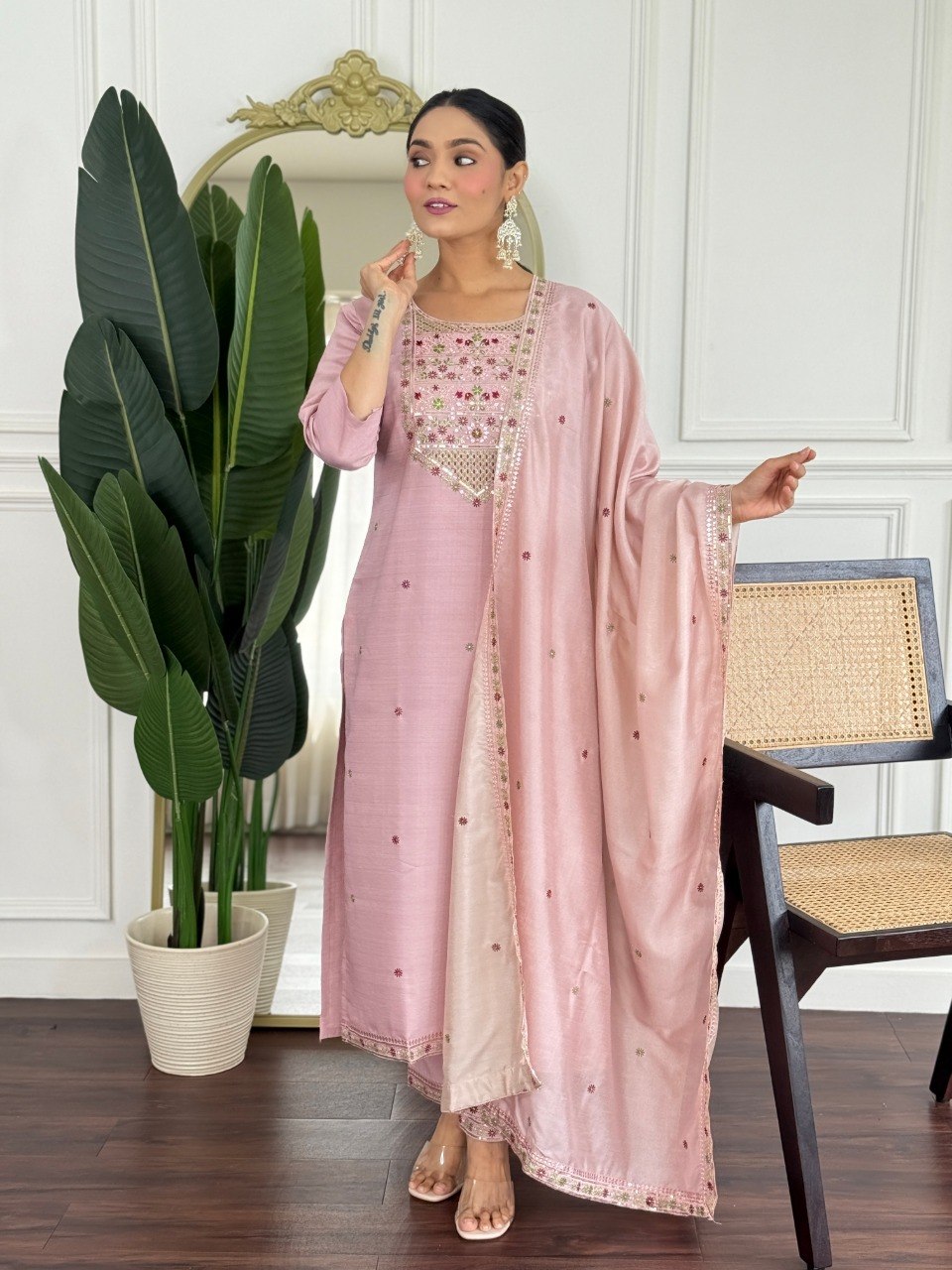 Blush Pink Floral Embroidered Suit Set