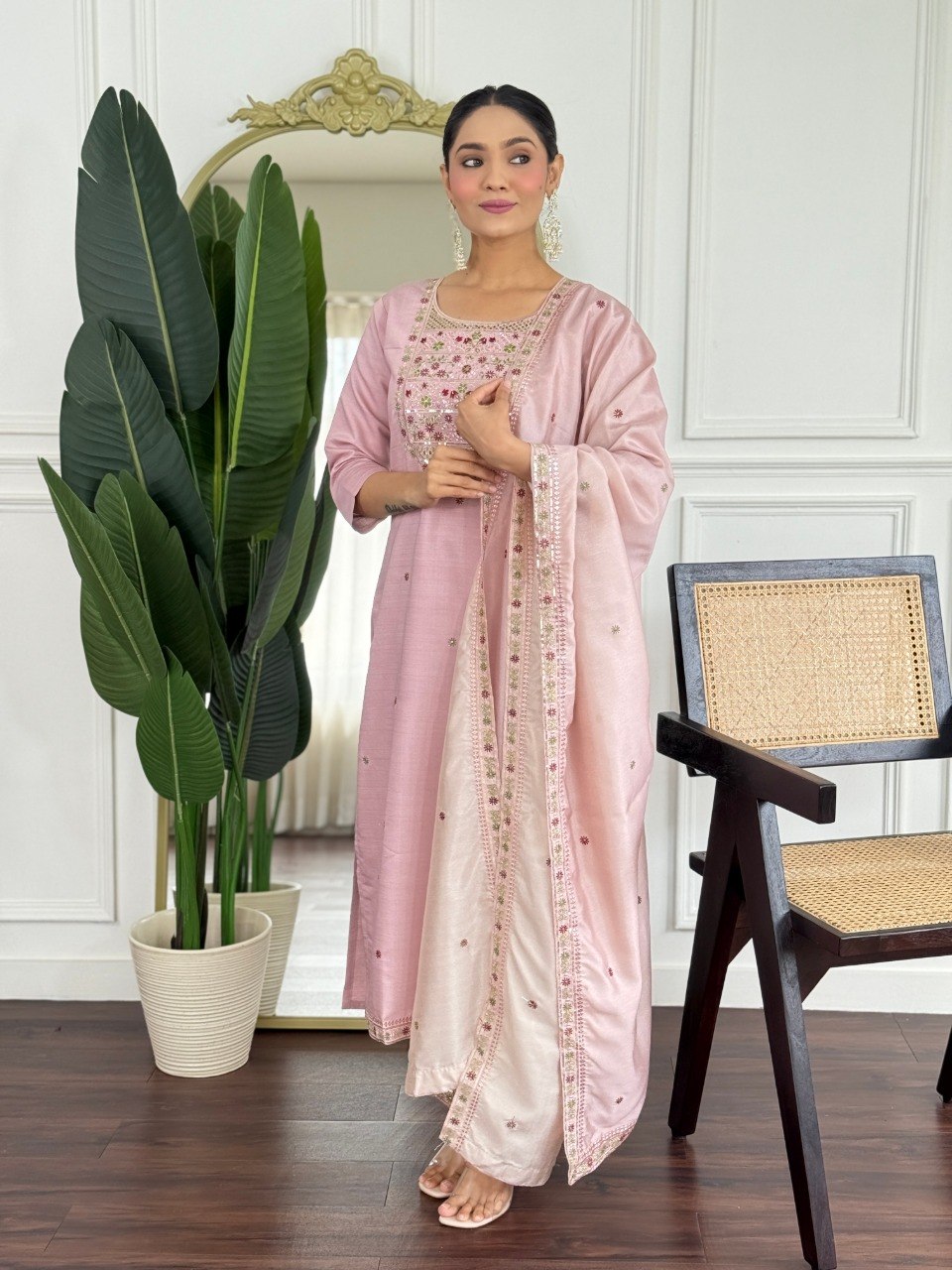 Blush Pink Floral Embroidered Suit Set