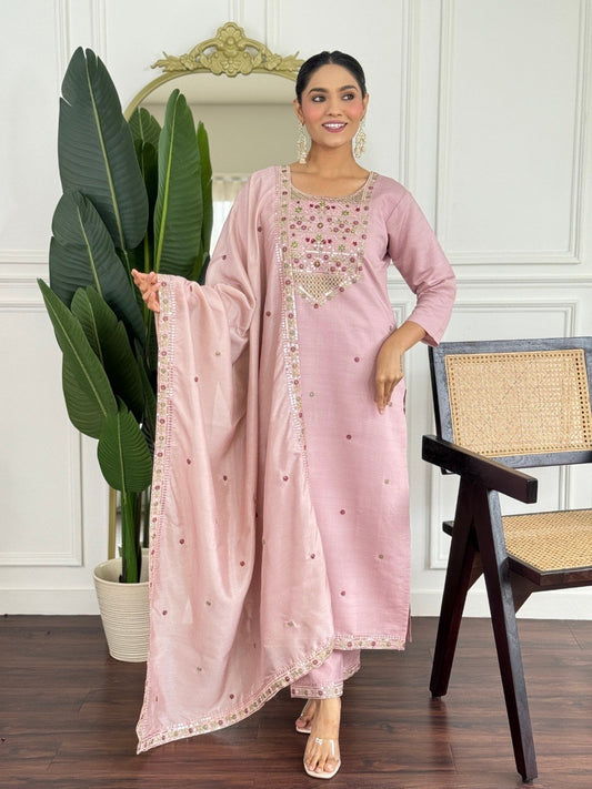 Blush Pink Floral Embroidered Suit Set