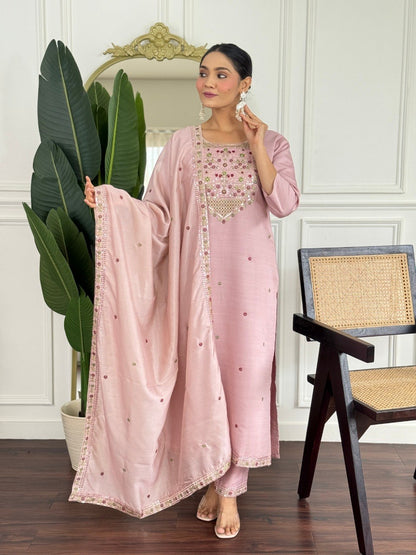 Blush Pink Floral Embroidered Suit Set