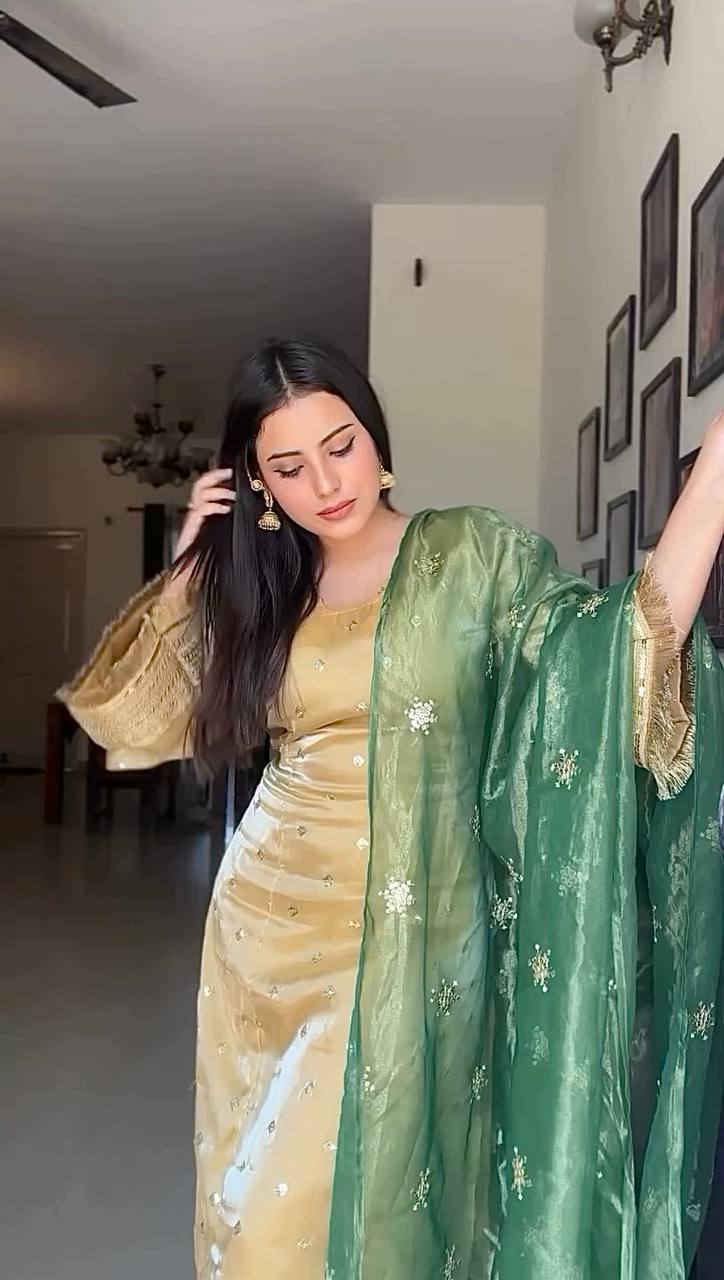 Charming Beige Mirror Work Suit Set with Emerald Dupatta
