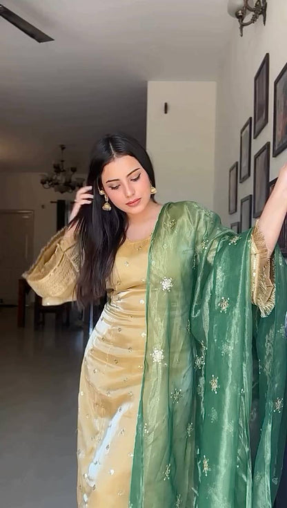 Charming Beige Mirror Work Suit Set with Emerald Dupatta