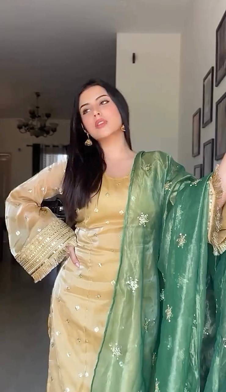 Charming Beige Mirror Work Suit Set with Emerald Dupatta