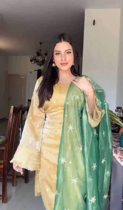 Charming Beige Mirror Work Suit Set with Emerald Dupatta