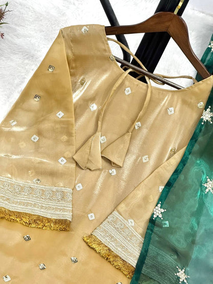 Charming Beige Mirror Work Suit Set with Emerald Dupatta