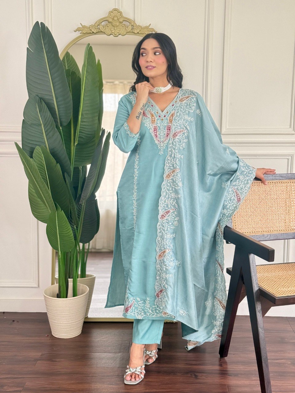Sky Blue Embroidered Kurta Dupatta Suit Set
