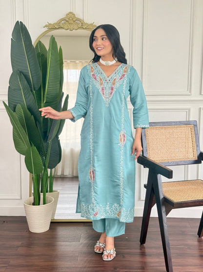 Sky Blue Embroidered Kurta Dupatta Suit Set