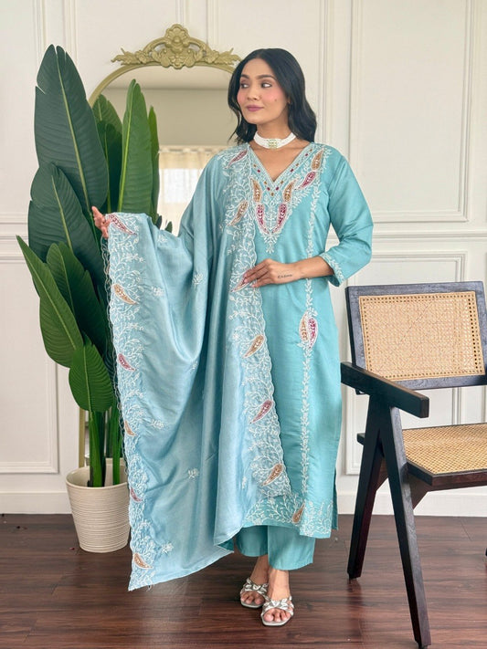 Sky Blue Embroidered Kurta Dupatta Suit Set