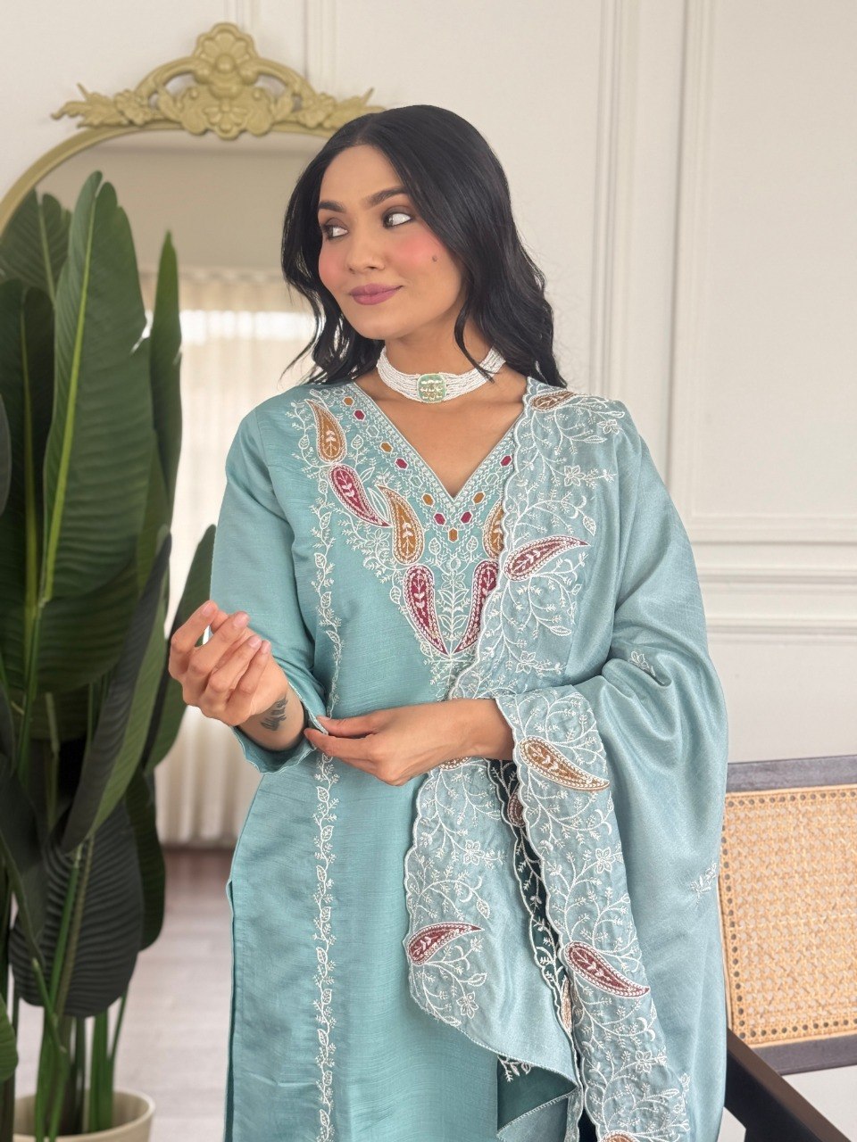 Sky Blue Embroidered Kurta Dupatta Suit Set
