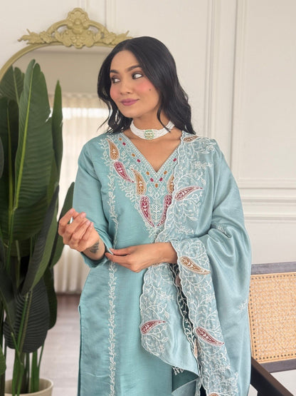 Sky Blue Embroidered Kurta Dupatta Suit Set