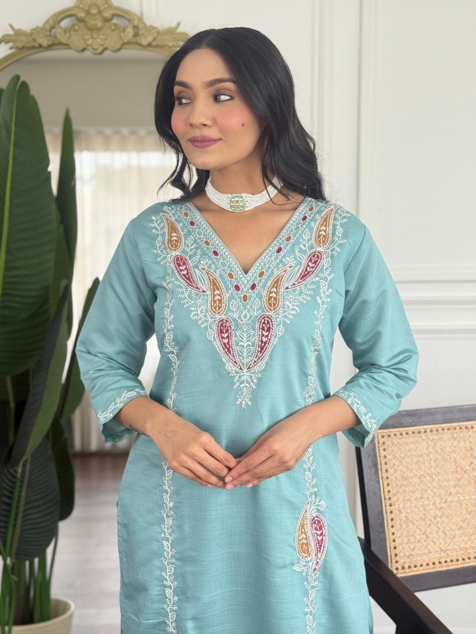 Sky Blue Embroidered Kurta Dupatta Suit Set