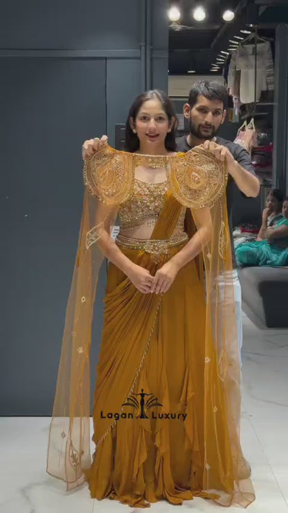 Mustard Gold Ready-to-Wear Lehenga Saree with Embroidered Blouse & Cape