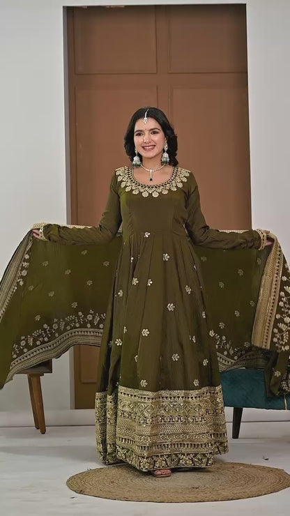 Beautiful Olive Green Vichitra Silk Embroidered Anarkali Gown with Dupatta