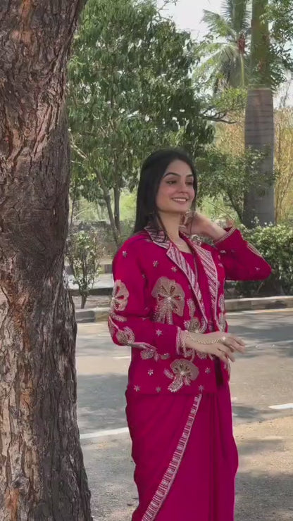 Rani Pink Ready-to-Wear Saree with Embroidered Designer Jacket