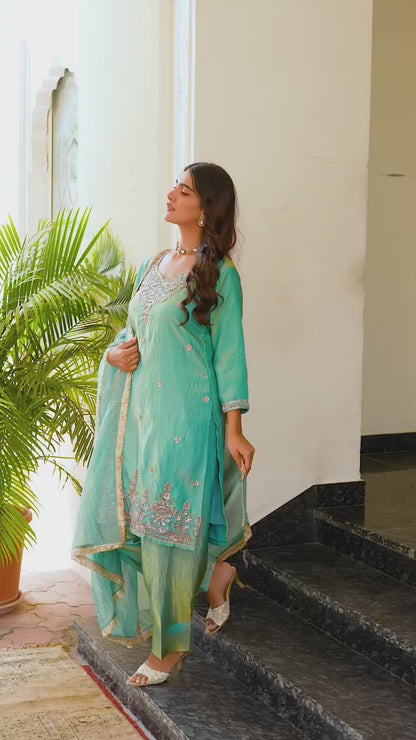 Elegant Aqua Blue Embroidered Suit Set