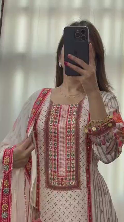 Stylish Women's Cream Floral Printed Muslin Kurta Pant & Dupatta Set