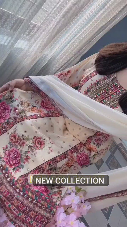 Ivory Bloom Premium Printed & Embroidered Straight Suit Set with Dupatta