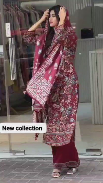 Royal Maroon Printed Kurta Pant with Dupatta Set