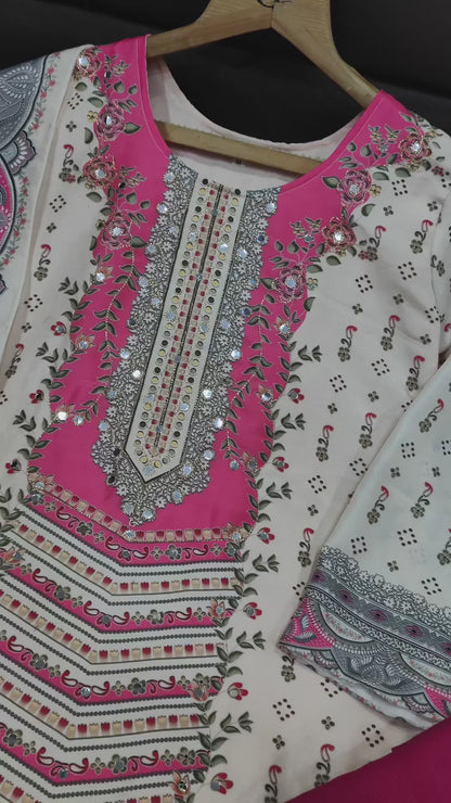 Women's Cream & Pink Printed Unstitched Salwar Suit with Elegant Cotton Blend Dupatta