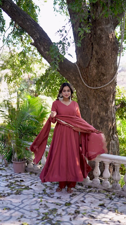 Beautiful Brown Anarkali Suit Set with Scalloped Gota Patti Dupatta