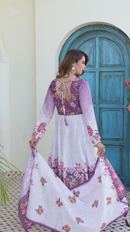 Lavender Bloom Floral Printed Anarkali Salwar Suit Set with Matching Dupatta