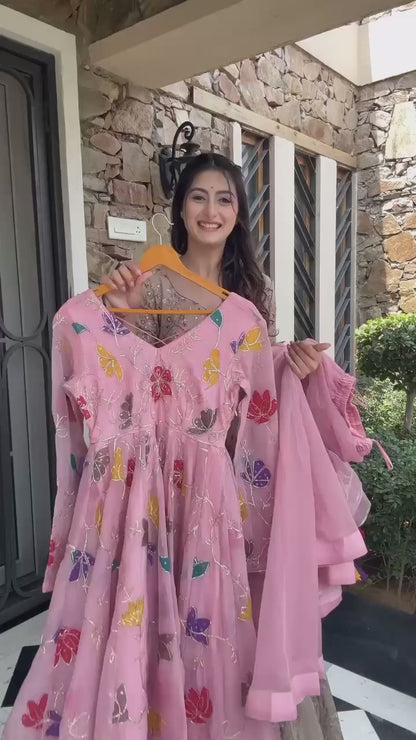 Vibrant Pink Floral Embroidered Anarkali Suit Set