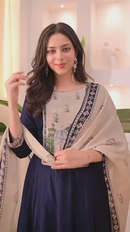 Elegant Navy Blue Embroidered Kurta Pant Set with Printed Dupatta for Women