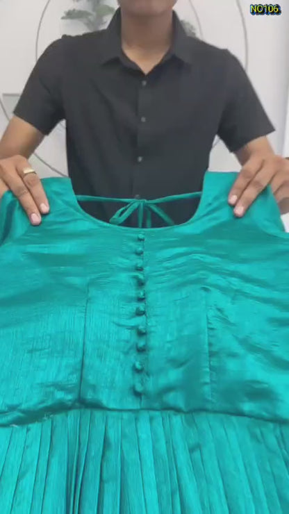 Beautiful Teal Blue Pure Vichitra Silk Tiered Gown with Embroidered Dupatta