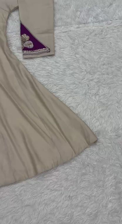 Elegant Beige Peplum Kurta with Palazzo and Deep Purple Dupatta Set